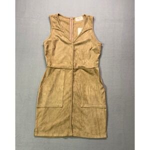 NWT Tan Y2K Faux Suede A Line Mini Dress‎ Sleeveless Zip Pockets western, rustic